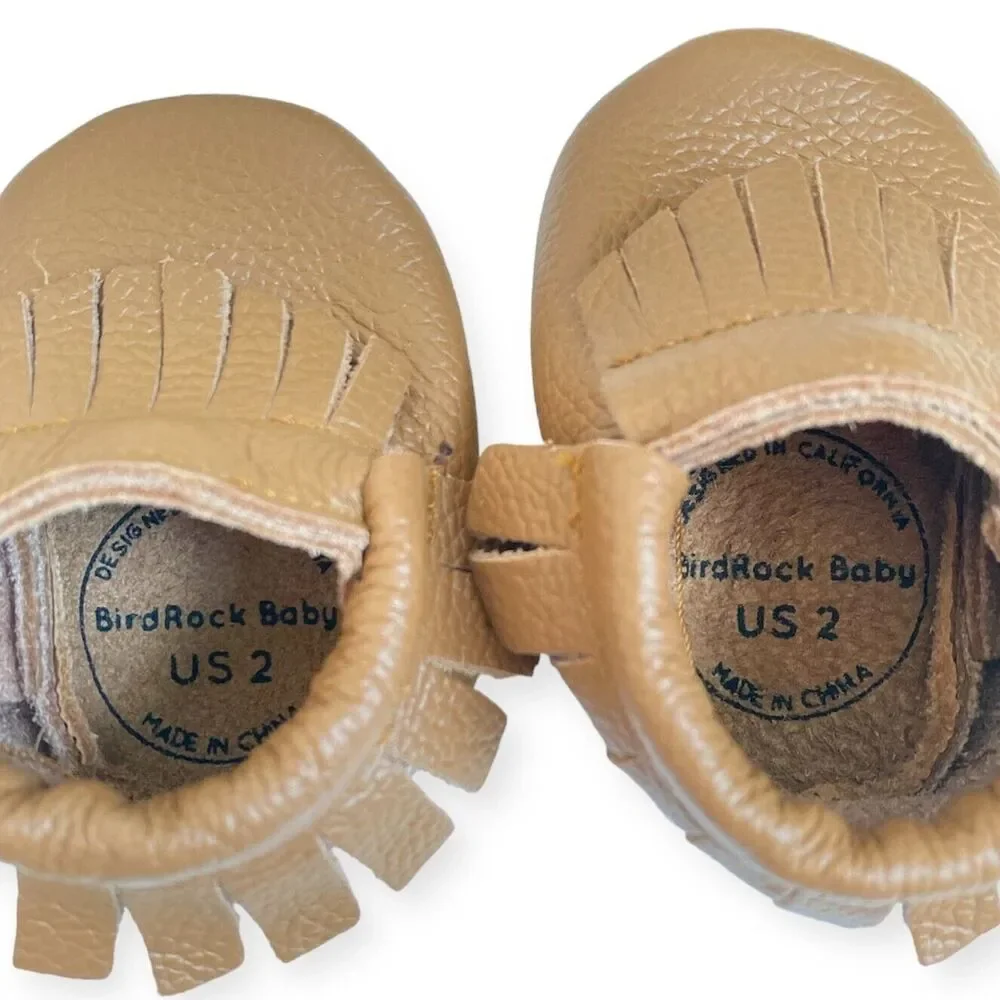 BIRD ROCK BABY Leather Moccasins Infant Size 2 US w/ Bag Brown Unisex Shoes NEW